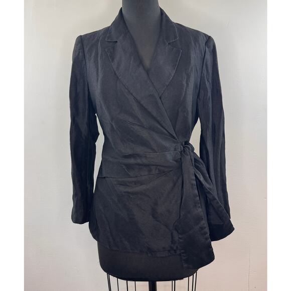 ZARA Black Blazer Notch Lapel Wrap-Tie Gathered Shoulder Formal Size Medium M - Picture 1 of 7